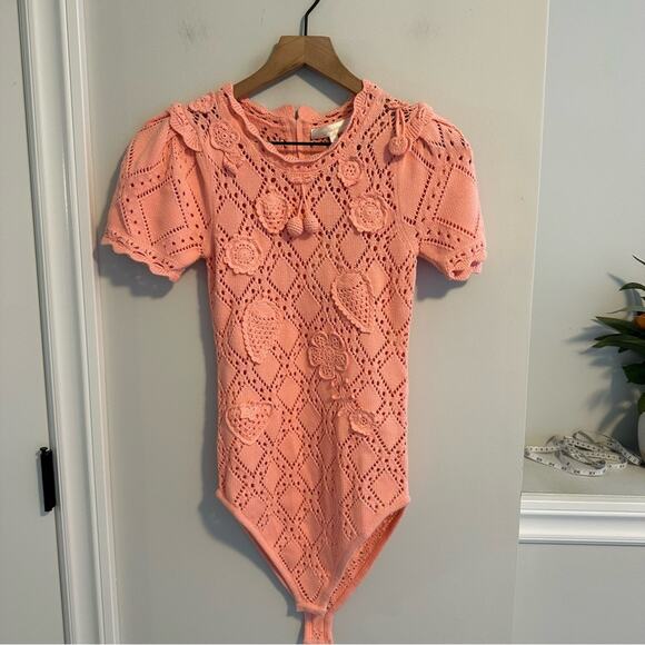 NWT LoveShackFancy Pink Cotton Eyelet Crochet Strawberry Bodysuit Small - Picture 12 of 16